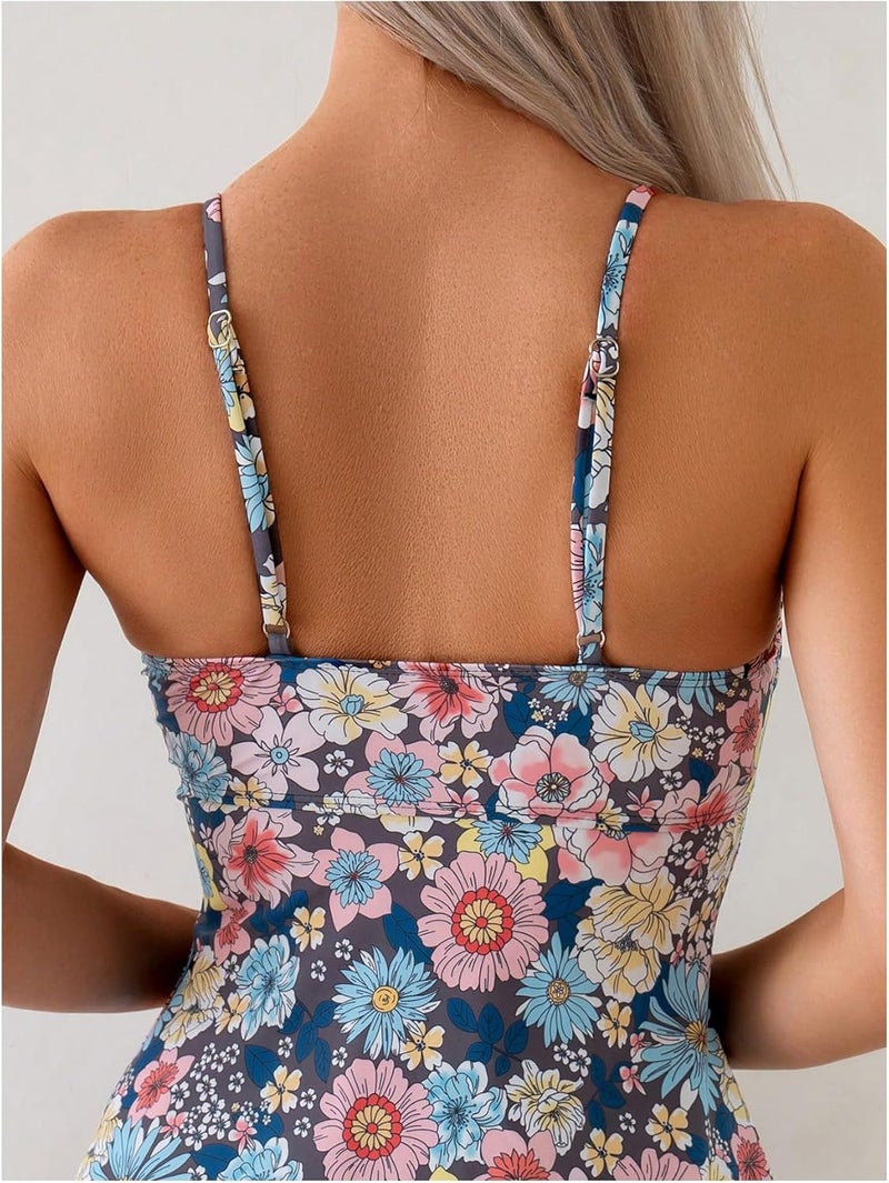 MakeMeChic Women's Floral Tankini Swimsuit Ruffle Hem High Waisted Tummy Control Swimwear - Image 5